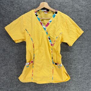 Sherly Scrub Top Women S Small Yellow V-Neck Short Sleeve Pockets Cotton Uniform
